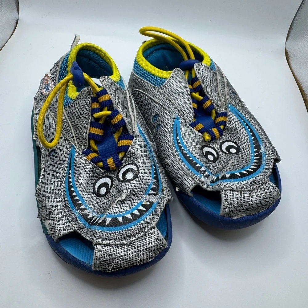 Toddler Boy Size 6 Blue and Gray Cartoon Monster Face Water Shoes